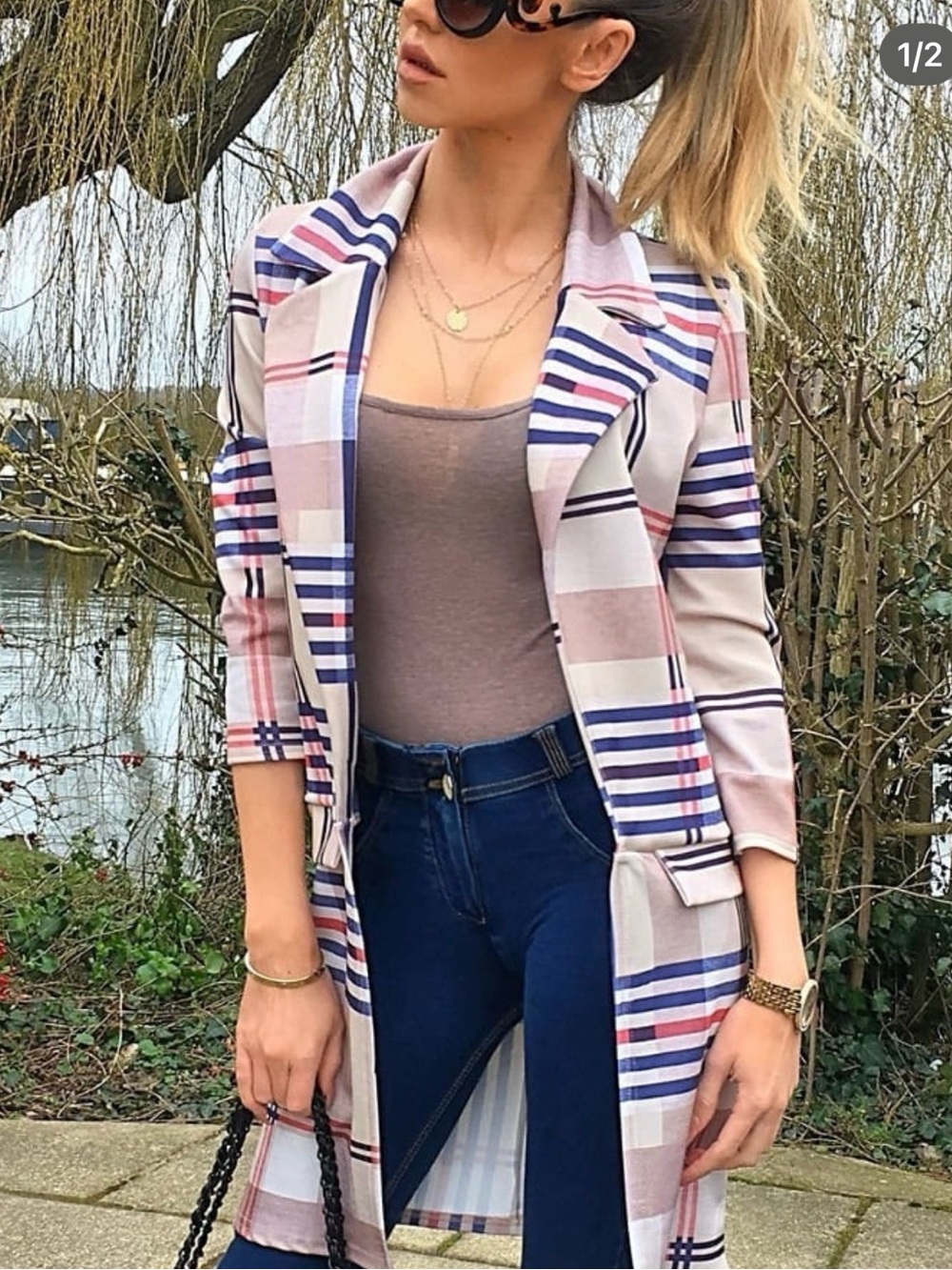 Pink Plaid Longline Blazer Jacket